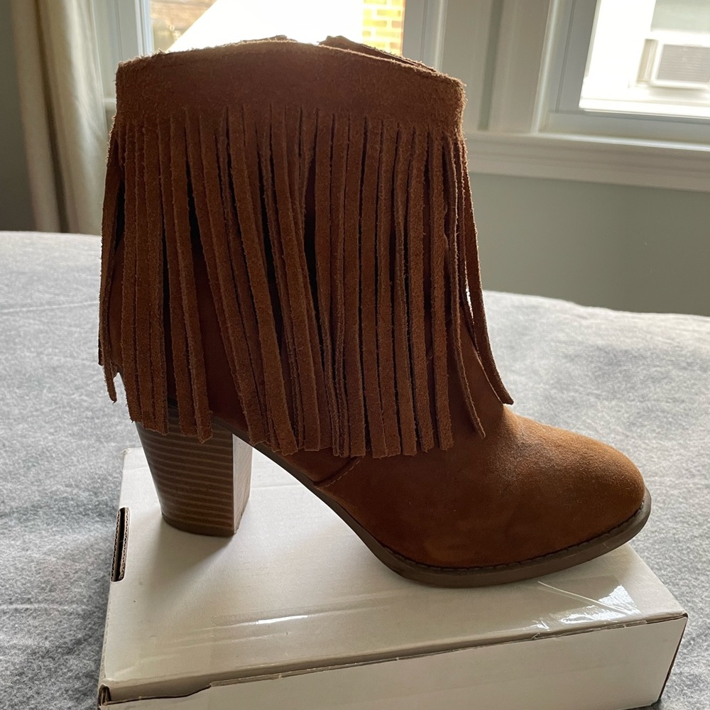 Chestnut Suede Fringe Bootie - Size 8
